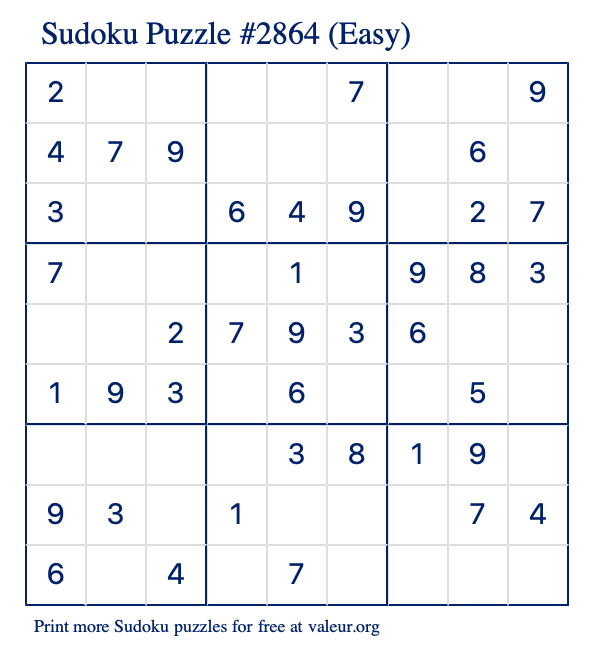 Free Printable Easy Sudoku Puzzle number 2864