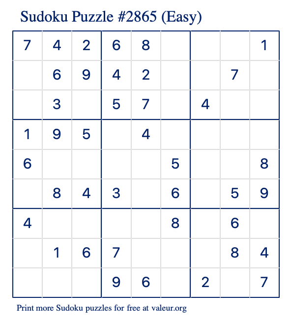 Free Printable Easy Sudoku Puzzle number 2865