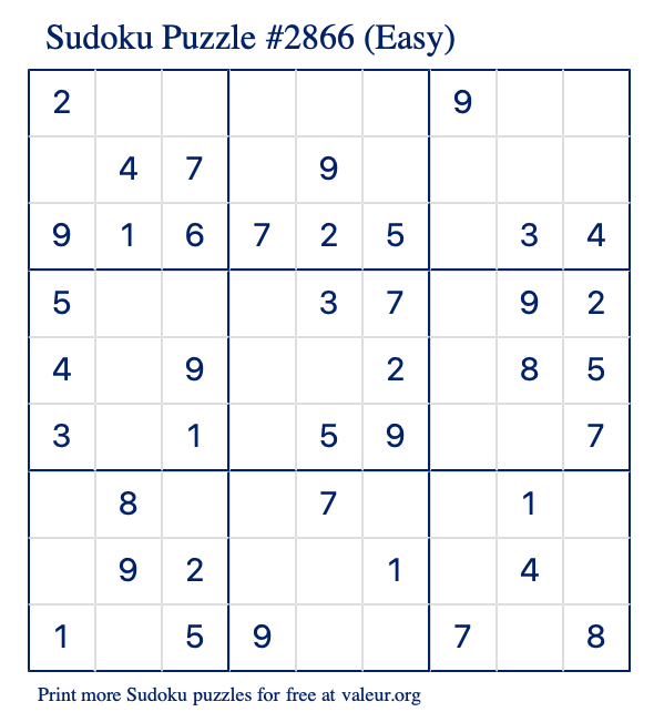 Free Printable Easy Sudoku Puzzle number 2866