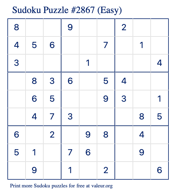 Free Printable Easy Sudoku Puzzle number 2867