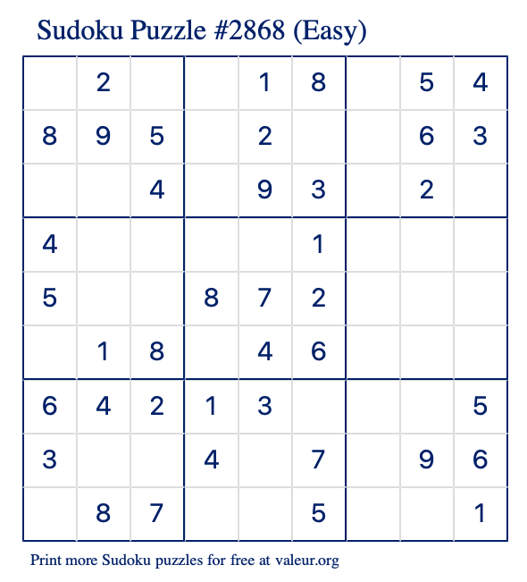 Free Printable Easy Sudoku Puzzle number 2868