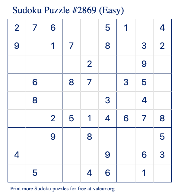 Free Printable Easy Sudoku Puzzle number 2869