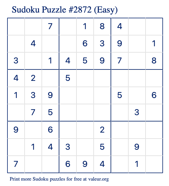 Free Printable Easy Sudoku Puzzle number 2872