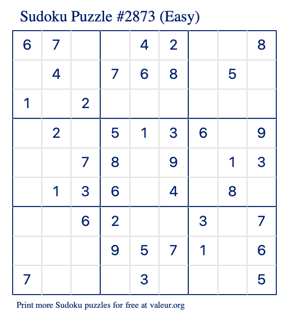 Free Printable Easy Sudoku Puzzle number 2873