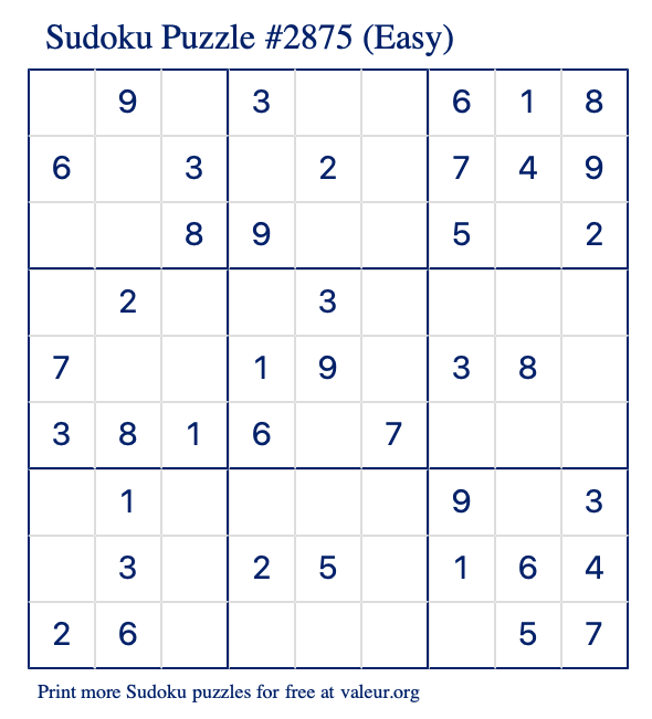 Free Printable Easy Sudoku Puzzle number 2875