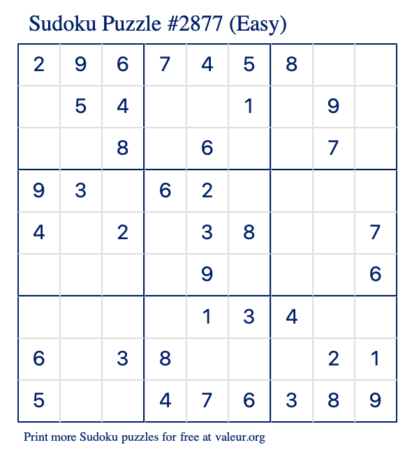 Free Printable Easy Sudoku Puzzle number 2877