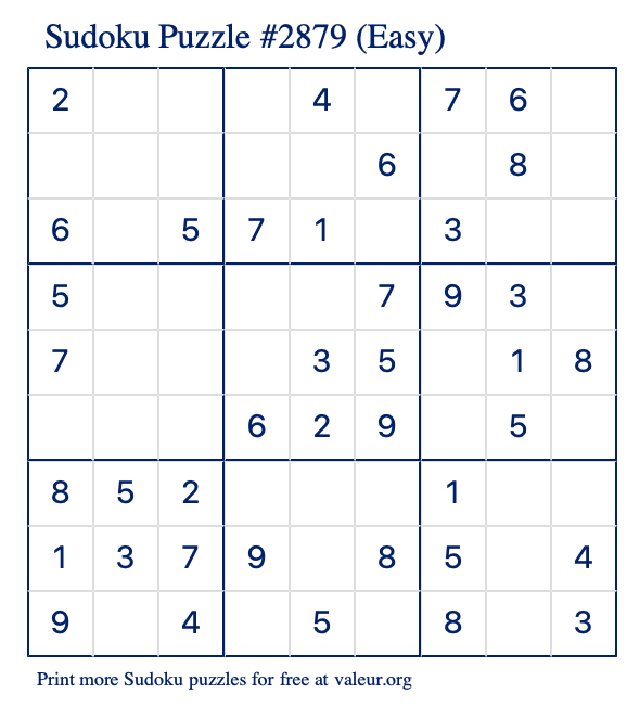 Free Printable Easy Sudoku Puzzle number 2879