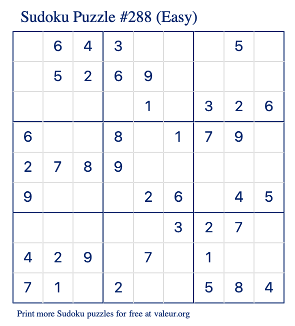 Free Printable Easy Sudoku Puzzle number 288