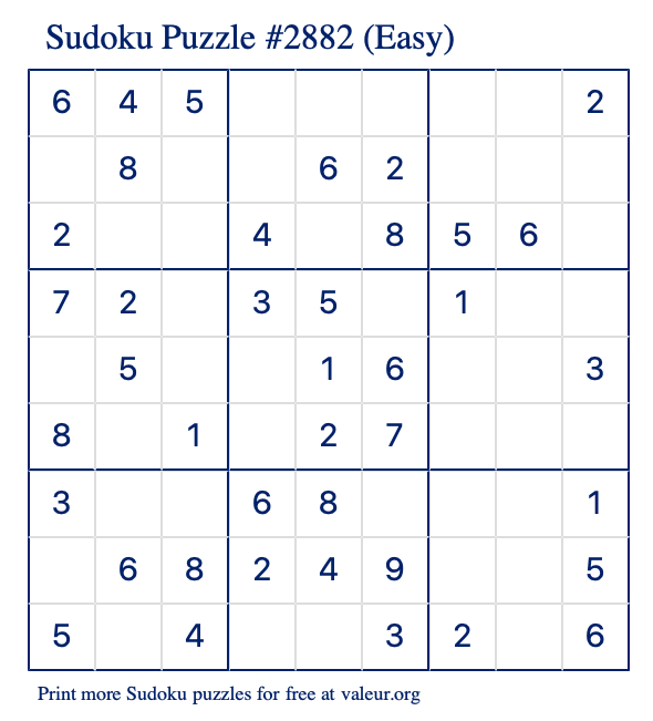Free Printable Easy Sudoku Puzzle number 2882