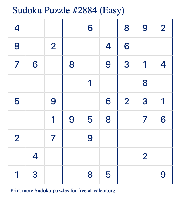 Free Printable Easy Sudoku Puzzle number 2884