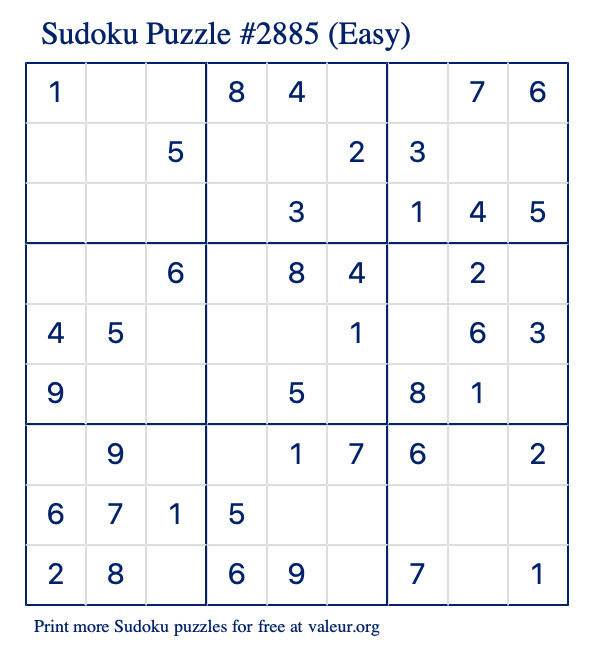 Free Printable Easy Sudoku Puzzle number 2885