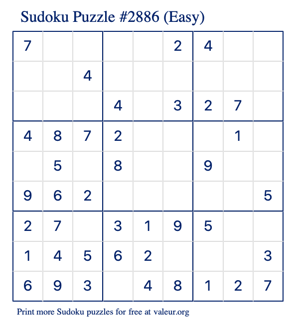 Free Printable Easy Sudoku Puzzle number 2886