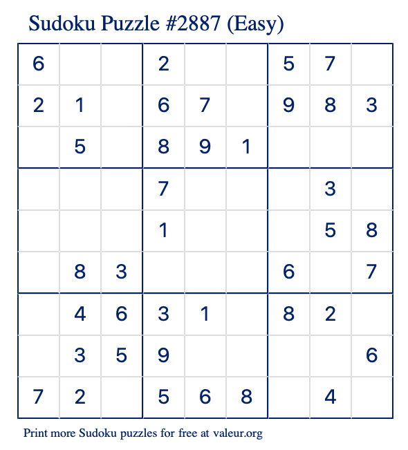 Free Printable Easy Sudoku Puzzle number 2887