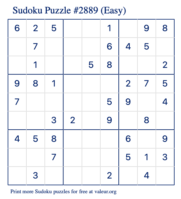 Free Printable Easy Sudoku Puzzle number 2889