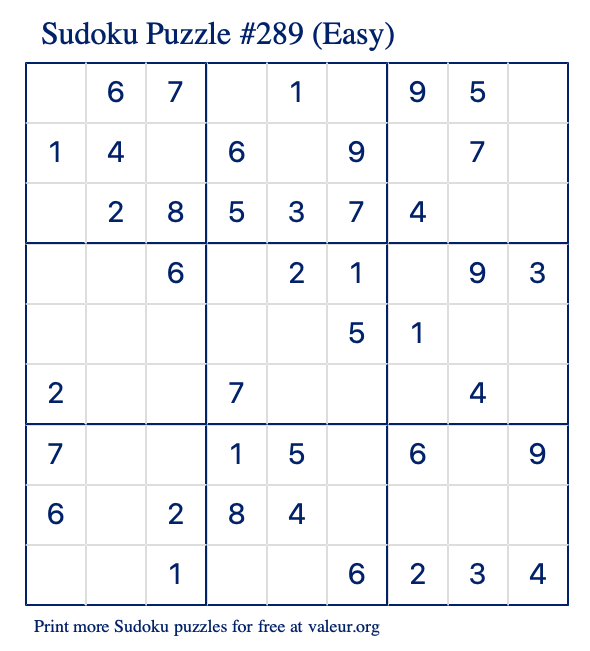 Free Printable Easy Sudoku Puzzle number 289