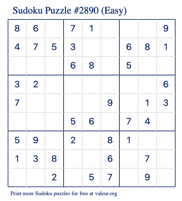 Free Printable Easy Sudoku Puzzle number 2890