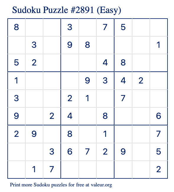 Free Printable Easy Sudoku Puzzle number 2891