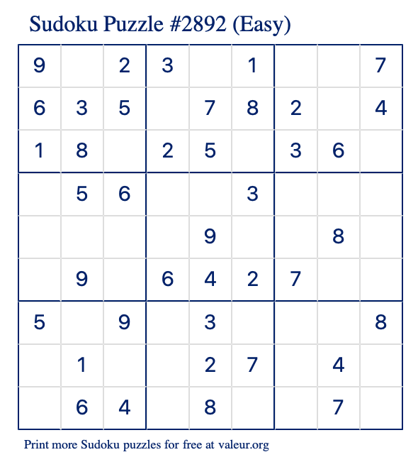 Free Printable Easy Sudoku Puzzle number 2892