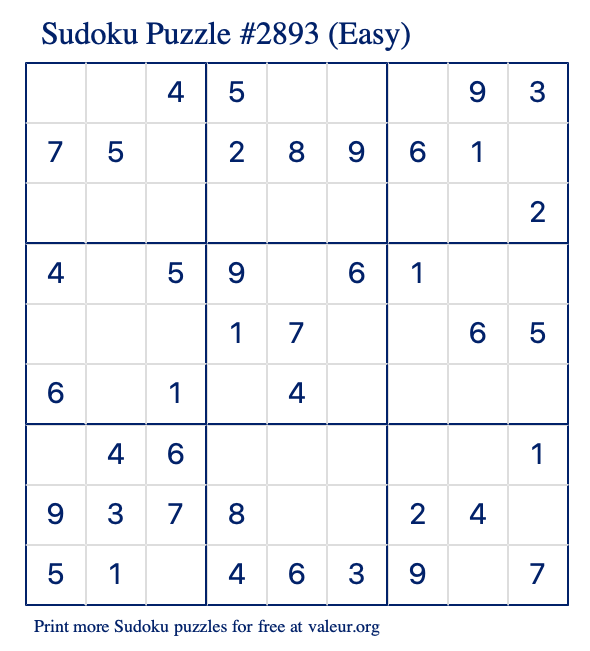 Free Printable Easy Sudoku Puzzle number 2893