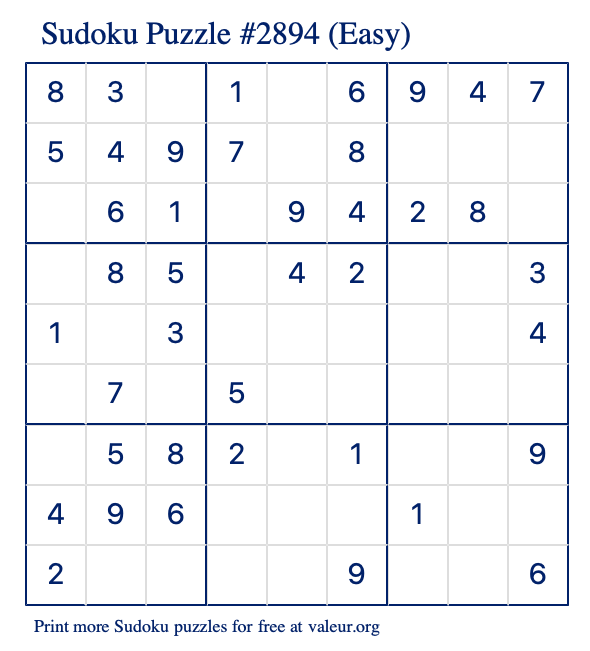 Free Printable Easy Sudoku Puzzle number 2894