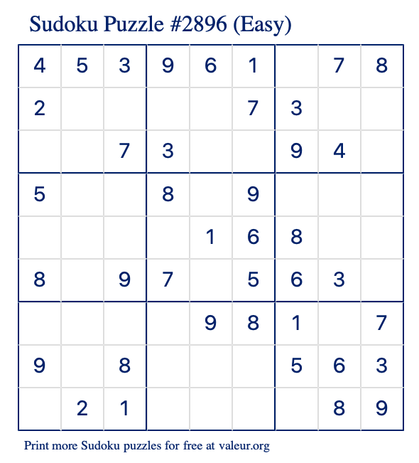 Free Printable Easy Sudoku Puzzle number 2896