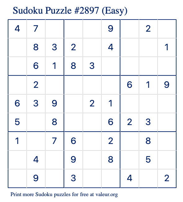 Free Printable Easy Sudoku Puzzle number 2897