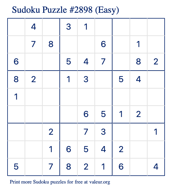 Free Printable Easy Sudoku Puzzle number 2898