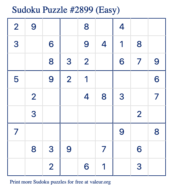 Free Printable Easy Sudoku Puzzle number 2899