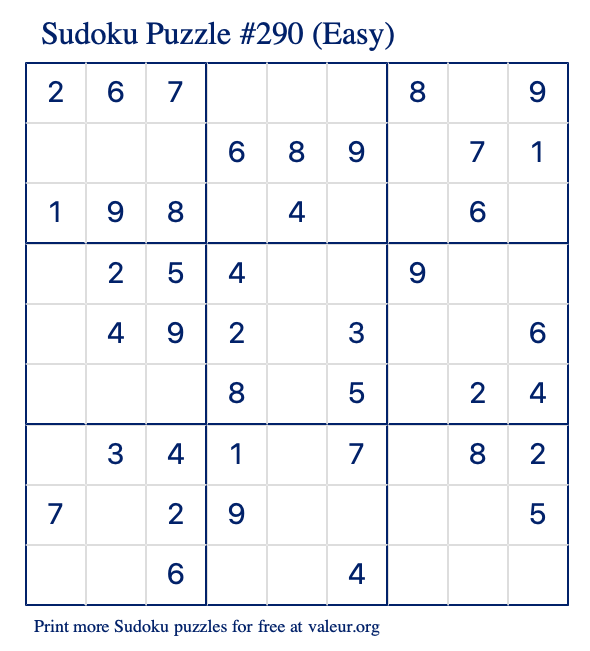 Free Printable Easy Sudoku Puzzle number 290