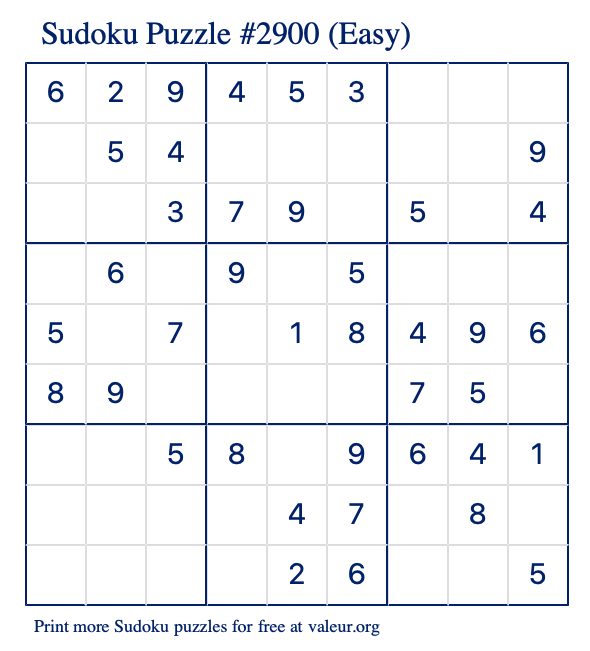 Free Printable Easy Sudoku Puzzle number 2900