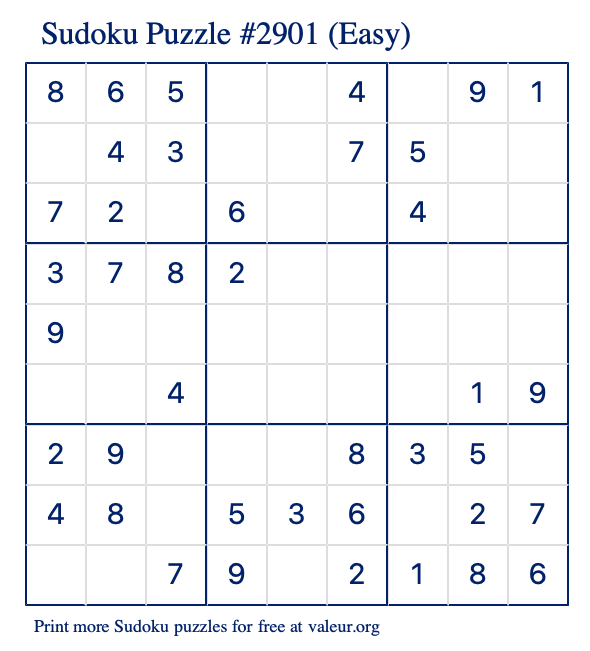 Free Printable Easy Sudoku Puzzle number 2901