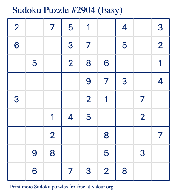 Free Printable Easy Sudoku Puzzle number 2904