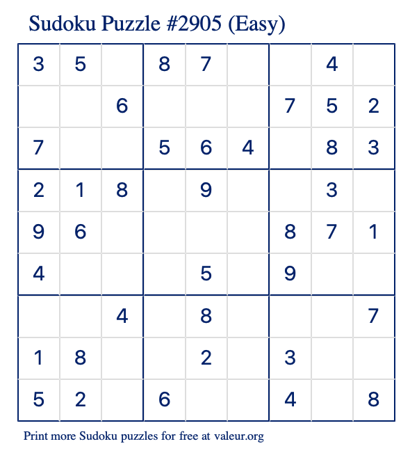 Free Printable Easy Sudoku Puzzle number 2905