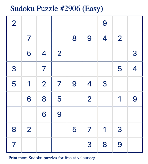 Free Printable Easy Sudoku Puzzle number 2906