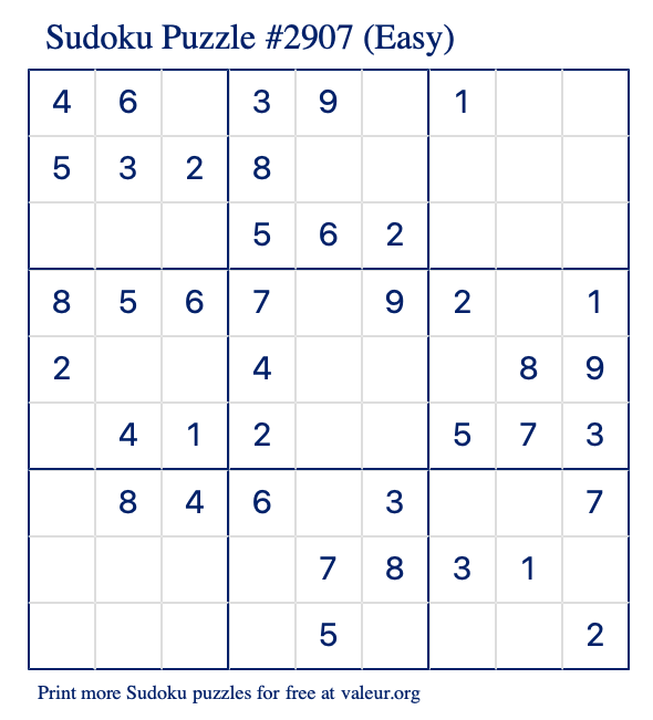 Free Printable Easy Sudoku Puzzle number 2907