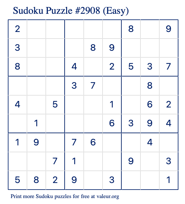 Free Printable Easy Sudoku Puzzle number 2908