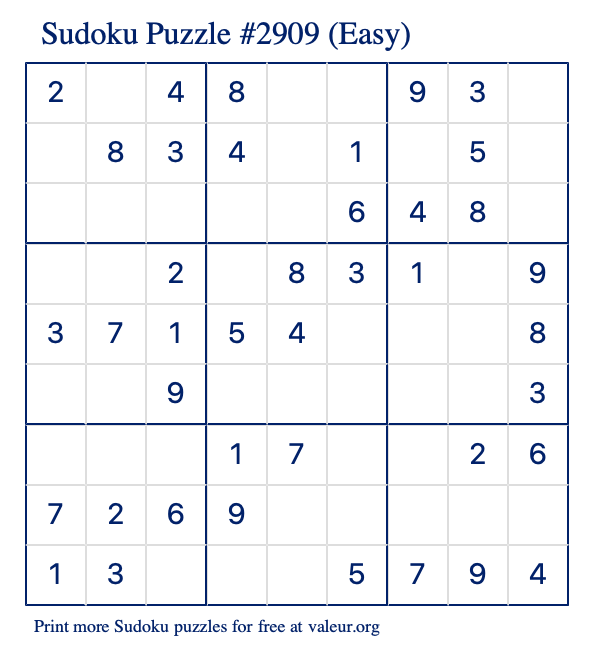 Free Printable Easy Sudoku Puzzle number 2909