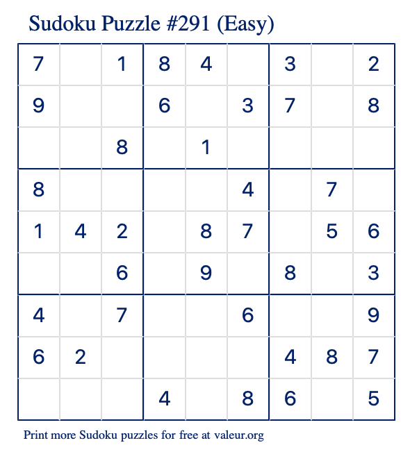 Free Printable Easy Sudoku Puzzle number 291