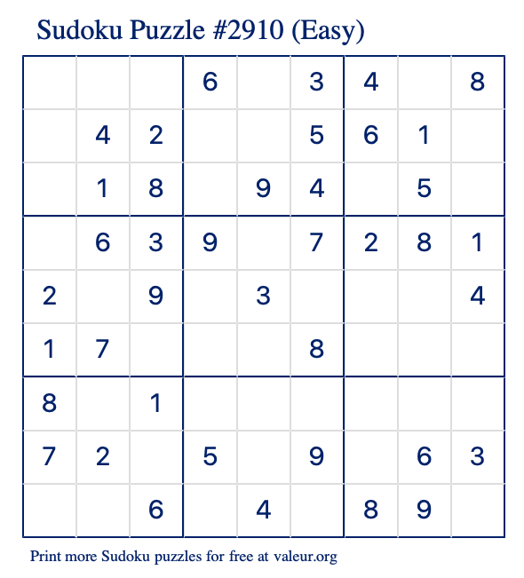 Free Printable Easy Sudoku Puzzle number 2910