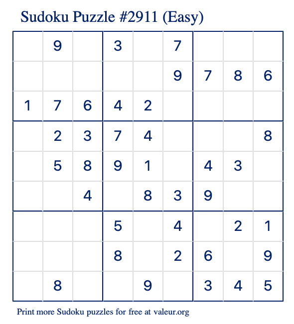 Free Printable Easy Sudoku Puzzle number 2911