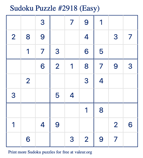 Free Printable Easy Sudoku Puzzle number 2918