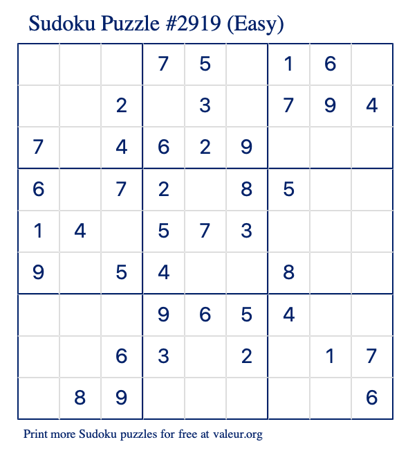 Free Printable Easy Sudoku Puzzle number 2919