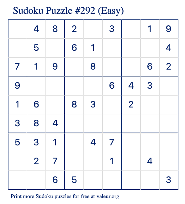 Free Printable Easy Sudoku Puzzle number 292