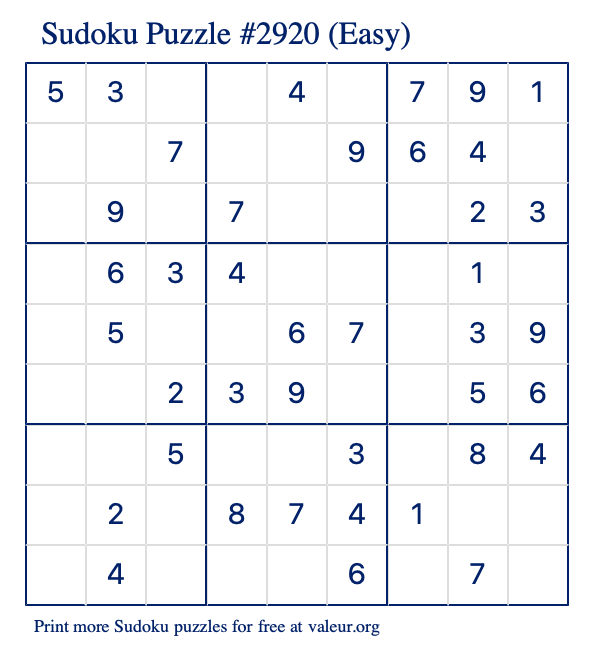 Free Printable Easy Sudoku Puzzle number 2920