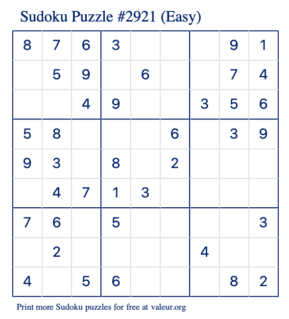 Free Printable Easy Sudoku Puzzle number 2921