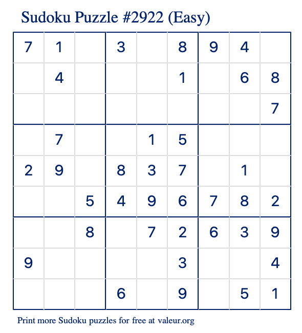 Free Printable Easy Sudoku Puzzle number 2922