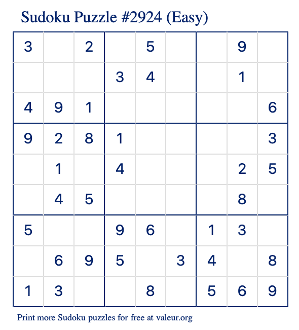 Free Printable Easy Sudoku Puzzle number 2924