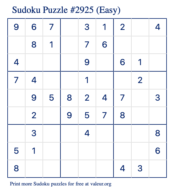 Free Printable Easy Sudoku Puzzle number 2925