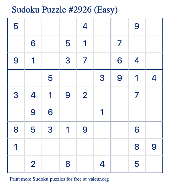 Free Printable Easy Sudoku Puzzle number 2926