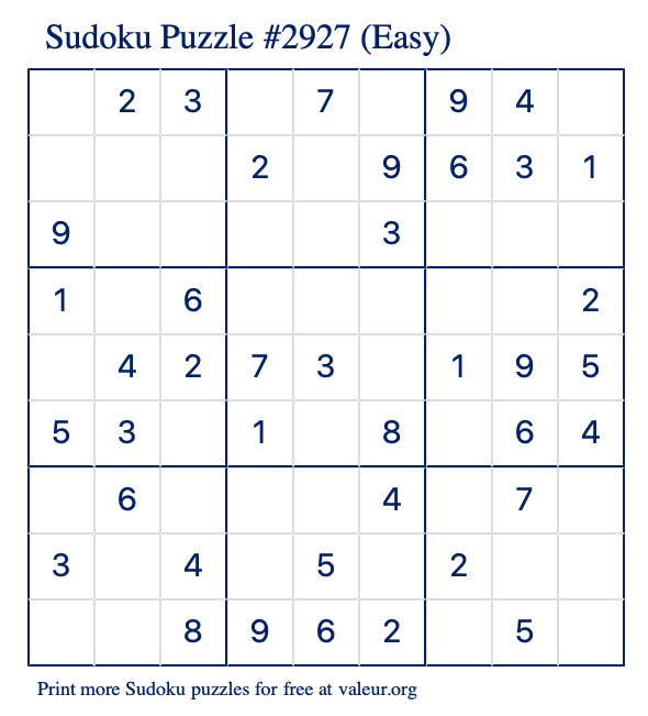 Free Printable Easy Sudoku Puzzle number 2927